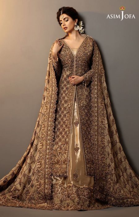 Asim-Jofa-bridal-dress-Aj-463-gold-bodice-full-slavees-and-fron-opnen-bridal-dress
